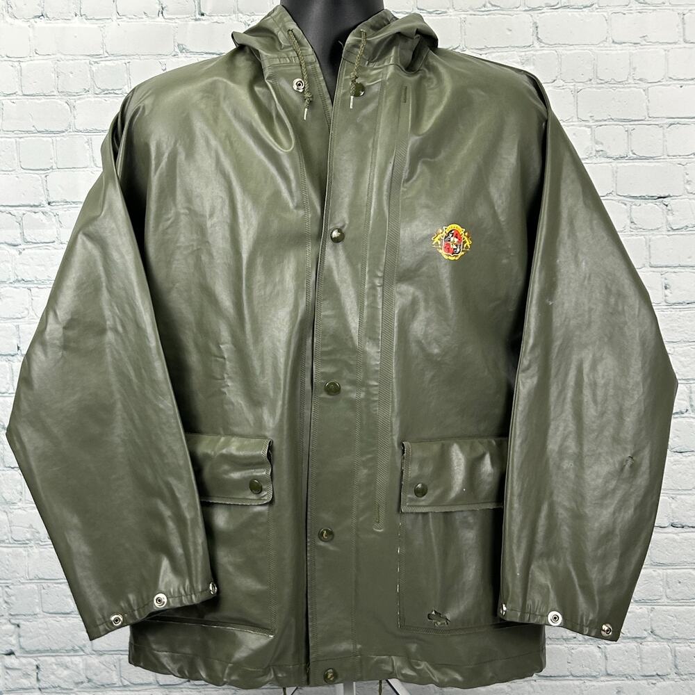 Vintage 60s 70s Stearns Dry Wear Raincoat Jacket Hooded USA Made Green M Medium
